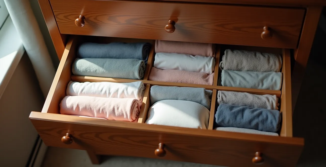 Well-organised wardrobe drawer showing seasonal rotation of men's underwear
