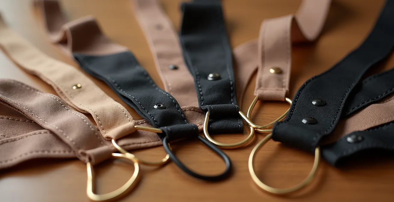 Macro photography showing bra construction details and fitting elements for broad back designs