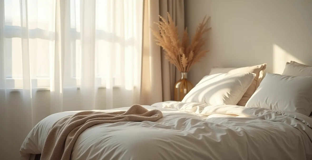 Minimalist wide shot of a cozy bedroom environment with soft neutral tones and comfortable textures