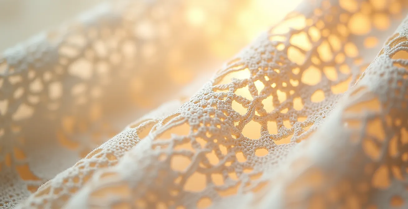 Macro photography showing the interplay of light and shadow on lace fabric texture creating visual contrast