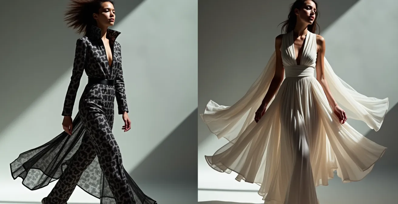 Split composition showing high contrast versus concealed silhouette styling