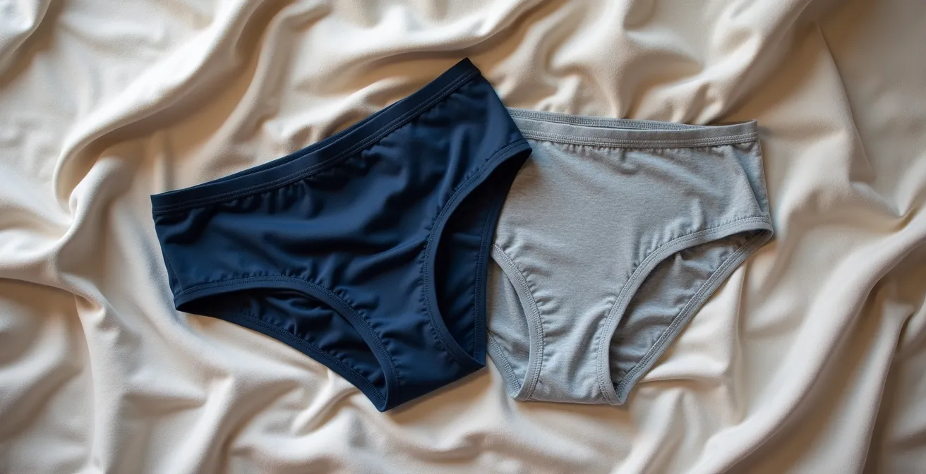 Two sets of underwear in complementary colors laid on neutral bedding