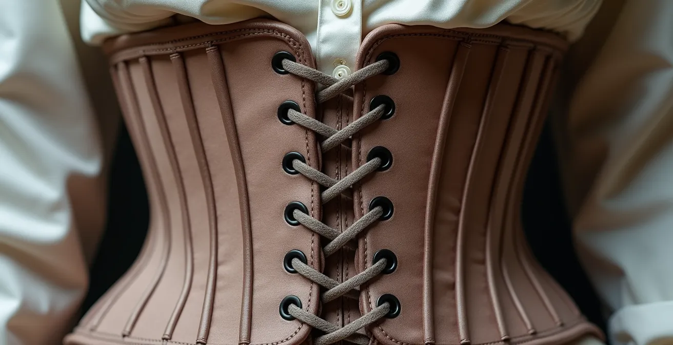 Macro detail of corset belt texture layered over crisp shirt fabric