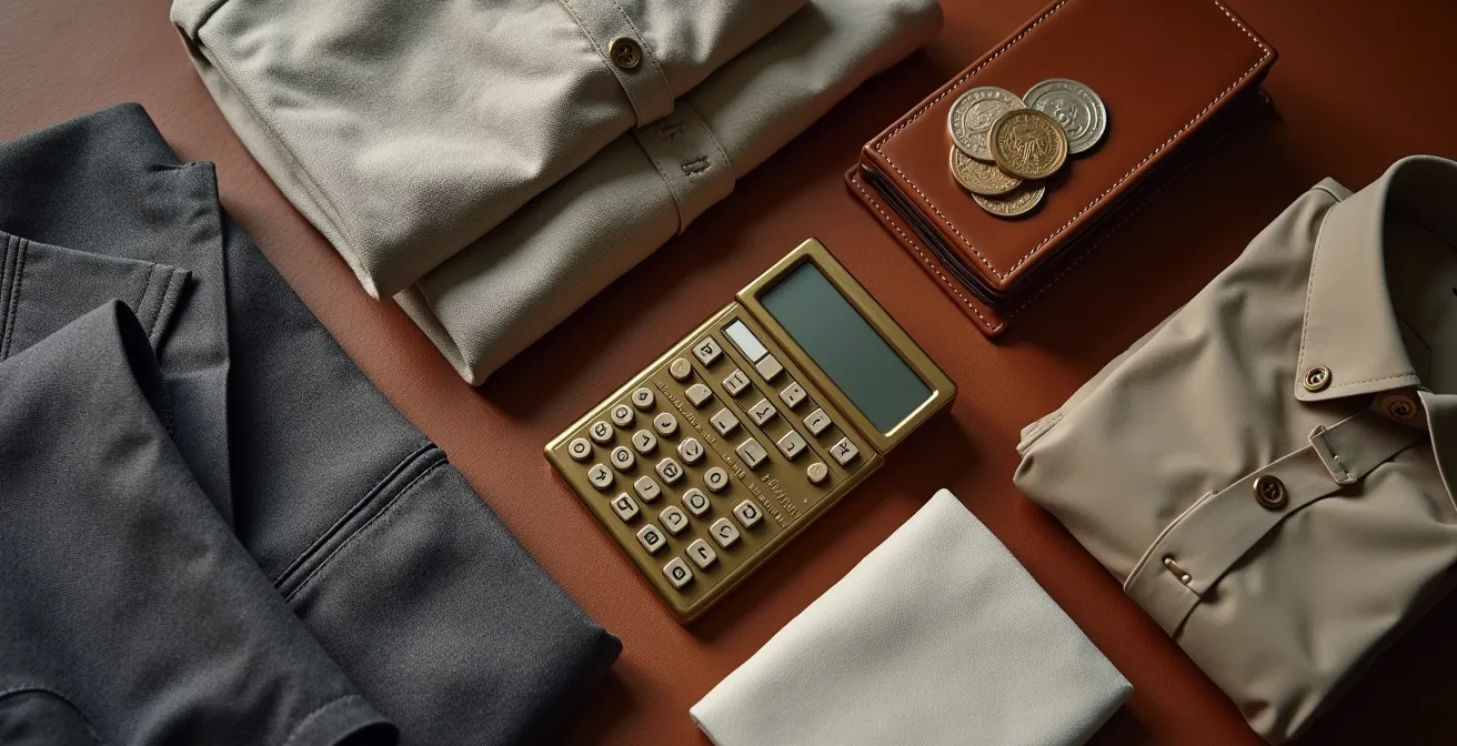 Vintage brass calculator with premium clothing items arranged on rich leather surface
