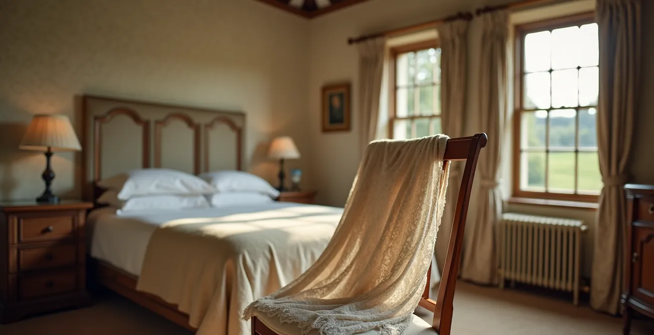 Luxury lingerie draped over antique furniture in English countryside bedroom