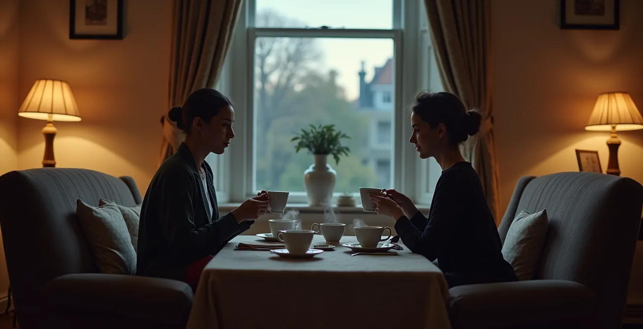 Couple sharing evening tea ritual in cozy British living room