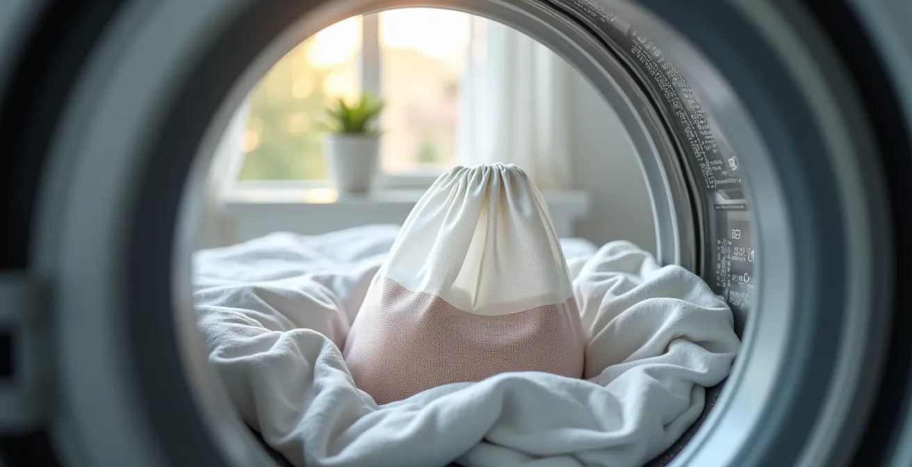 Mesh delicates bag containing laser-cut underwear in washing machine drum