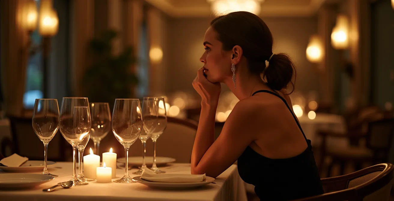 Woman seated at dinner table demonstrating comfortable posture in fitted garment