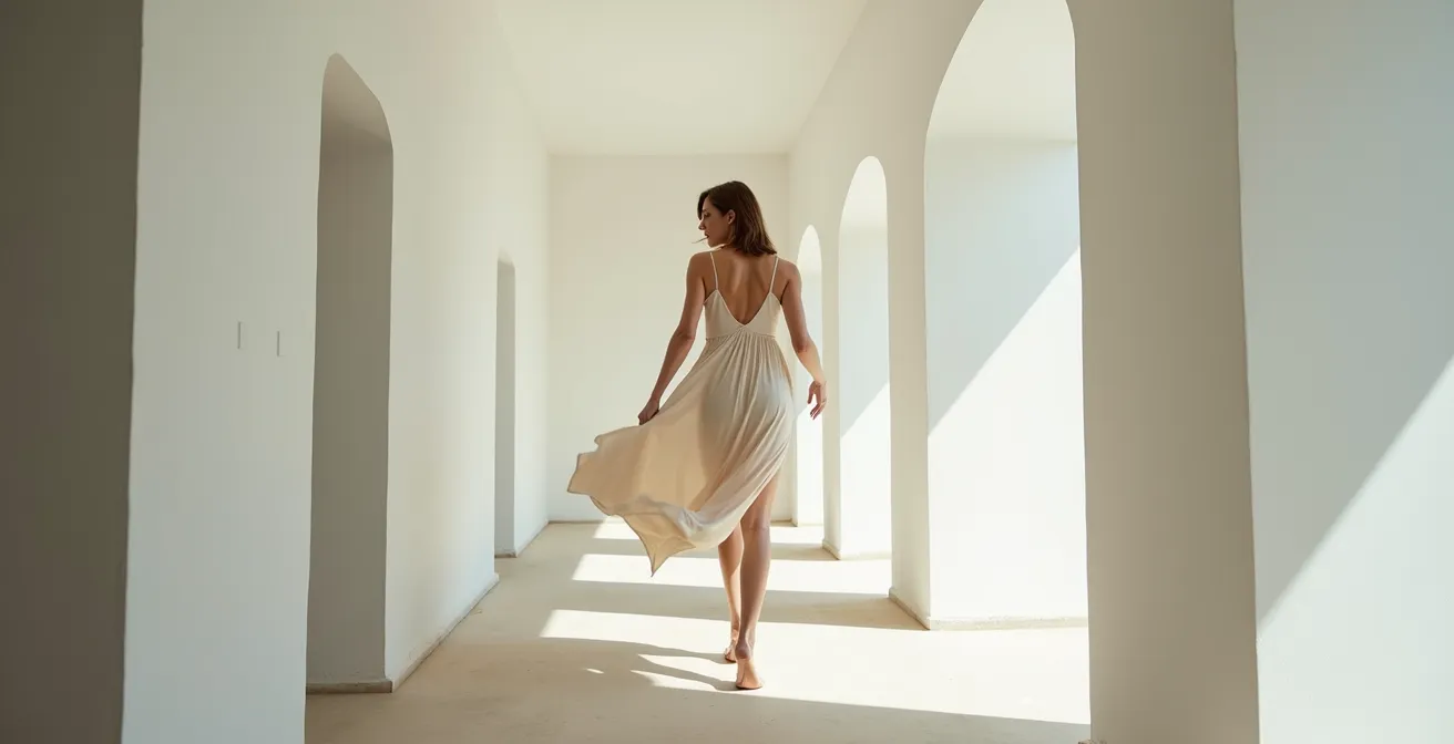 Woman walking gracefully showing natural fabric flow with movement