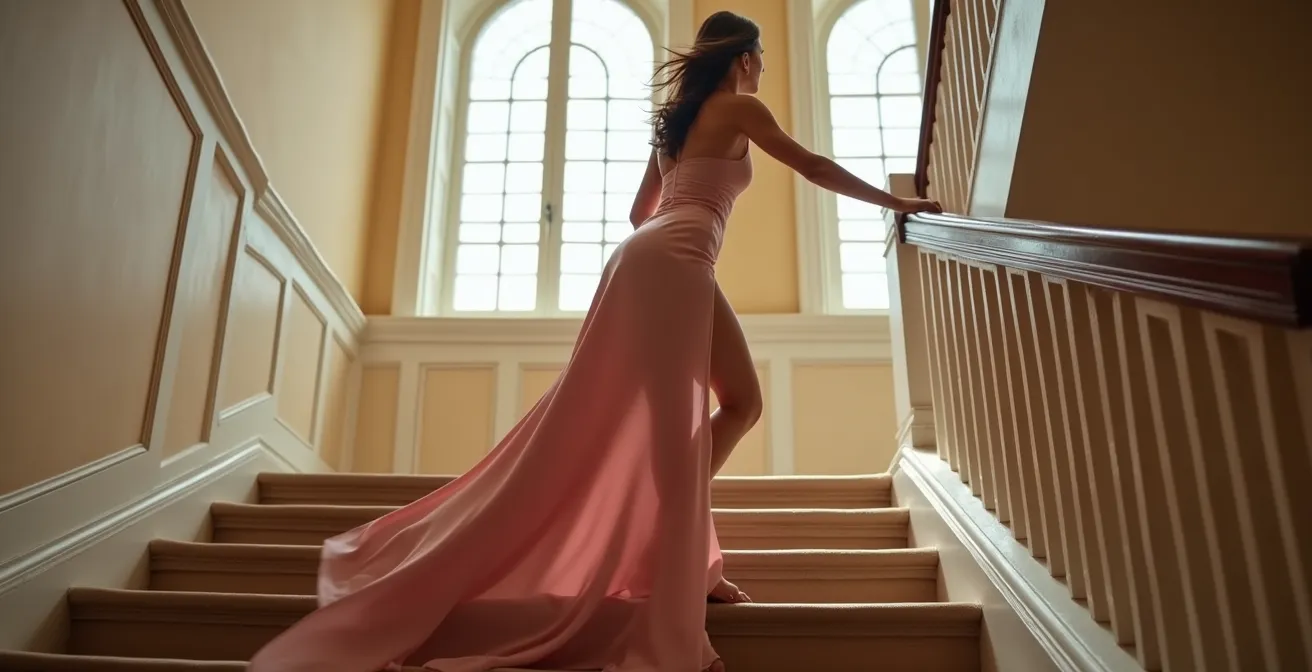 Woman gracefully descending staircase in flowing chemise and heels