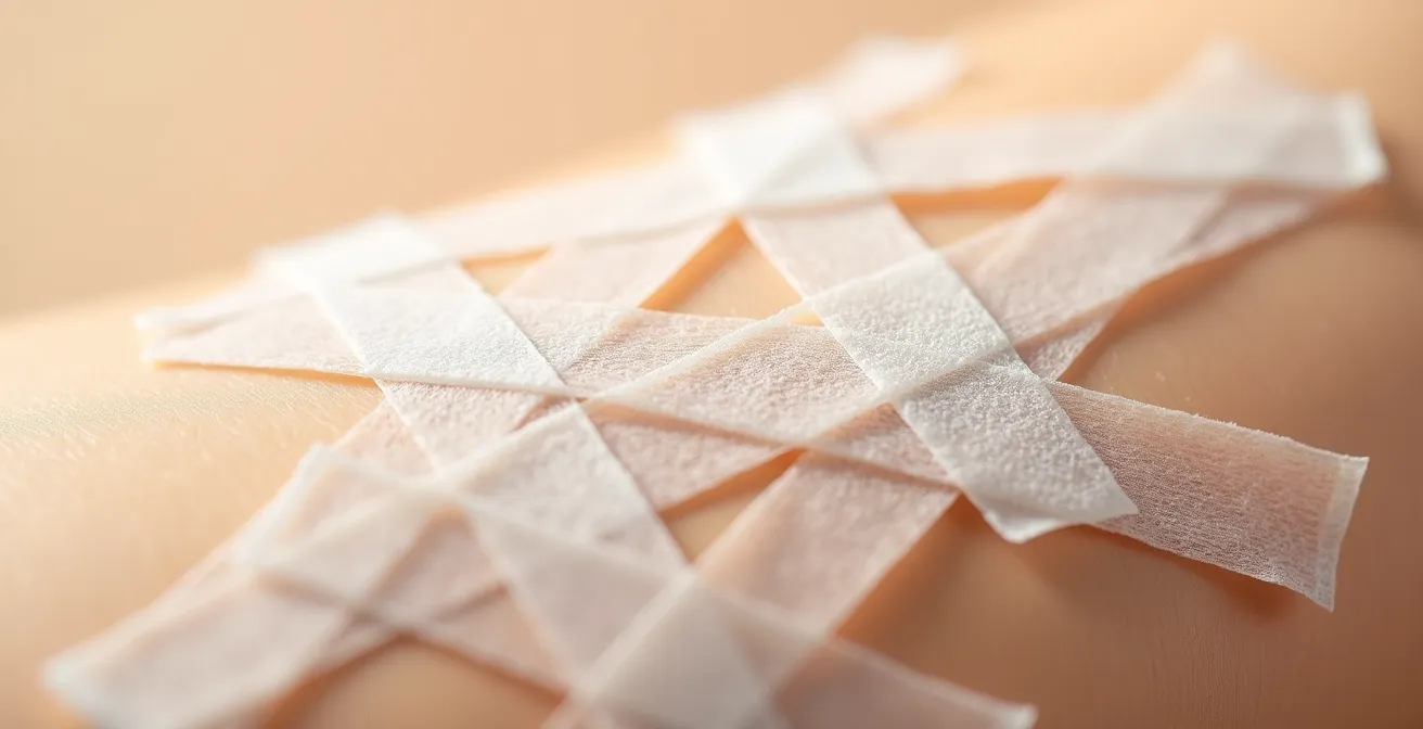 Close-up demonstration of proper fashion tape application technique for low-cut dresses