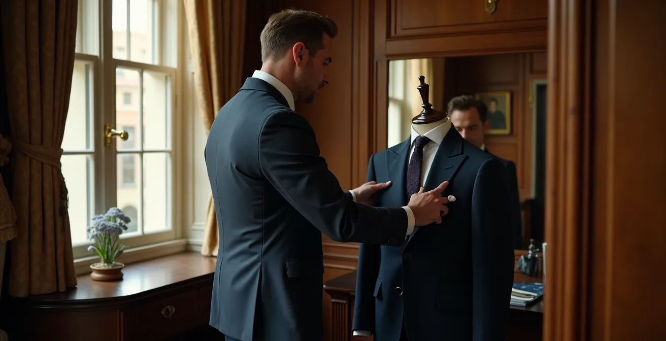 Well-appointed British gentleman's dressing room with formal attire laid out systematically