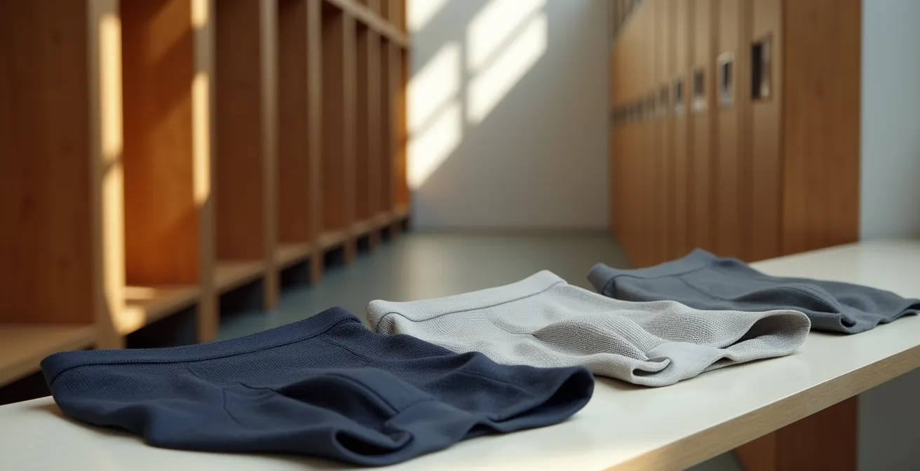 Different styles of men's mesh underwear arranged for gym changing room appropriateness