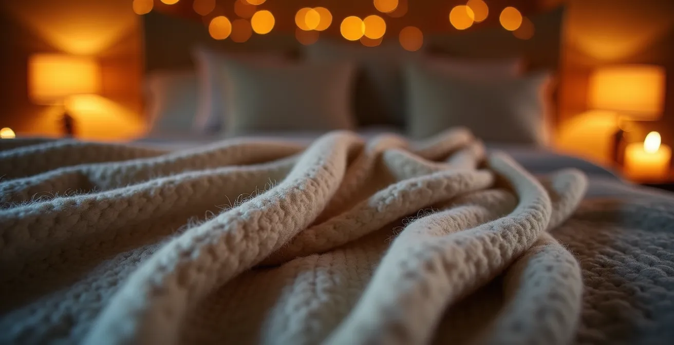 Inviting bedroom corner with warm ambient lighting and luxurious textures