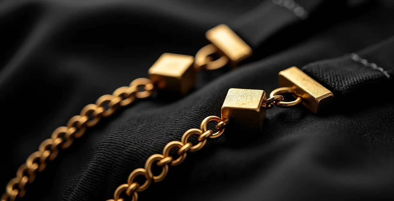 Close-up of matching gold jewellery and lingerie hardware details