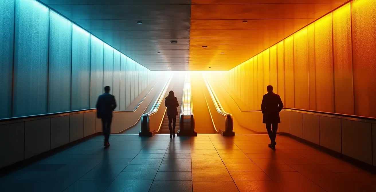 Abstract representation of temperature transition from a cold street environment into the warm glow of a London Underground station.