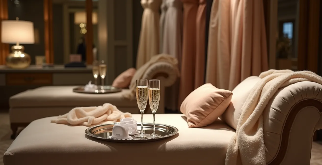 Opulent private fitting room with champagne service and plush seating