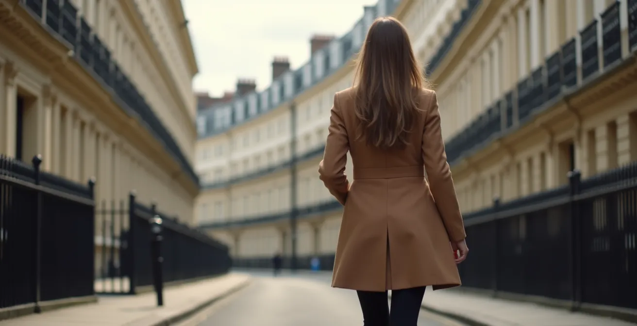 Woman confidently walking in London street wearing well-fitted outfit