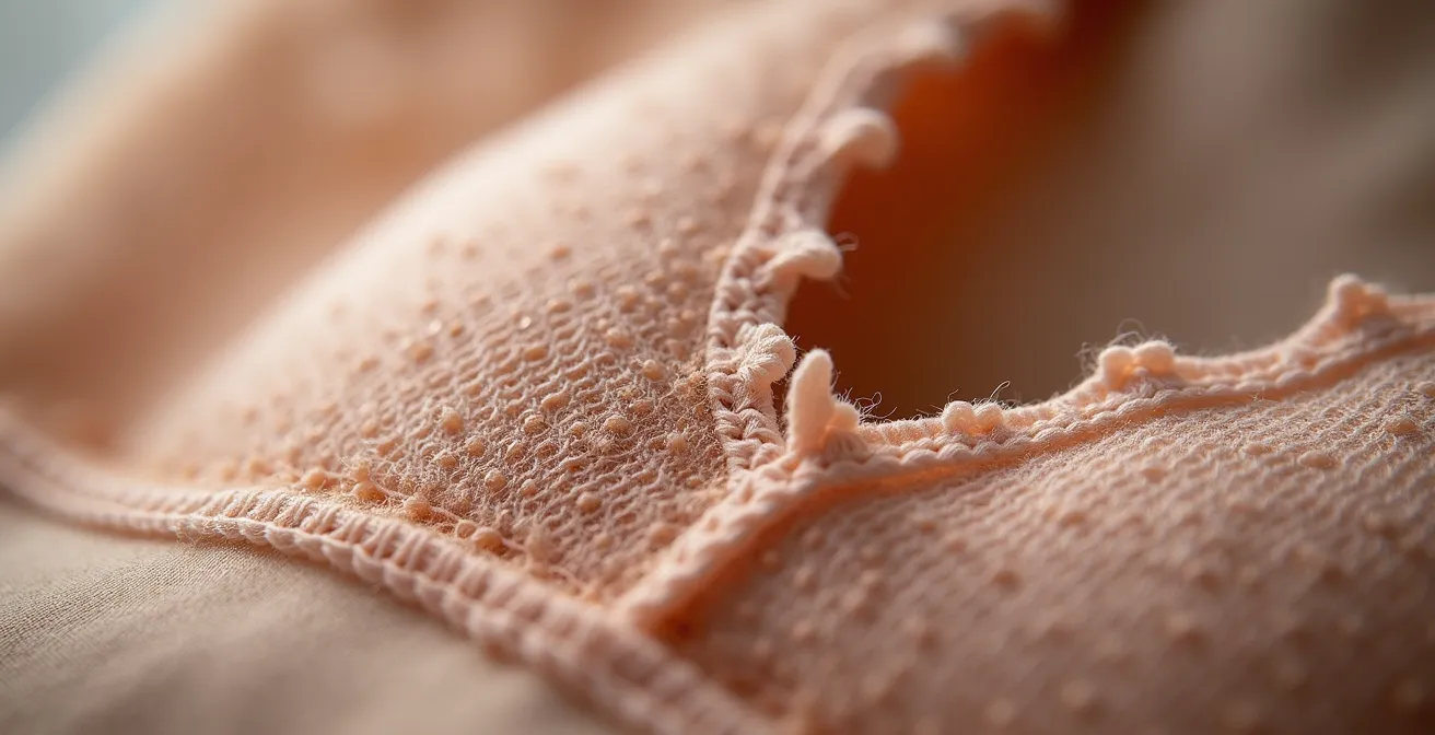 Extreme close-up of merino wool blend lining texture against delicate lace overlay