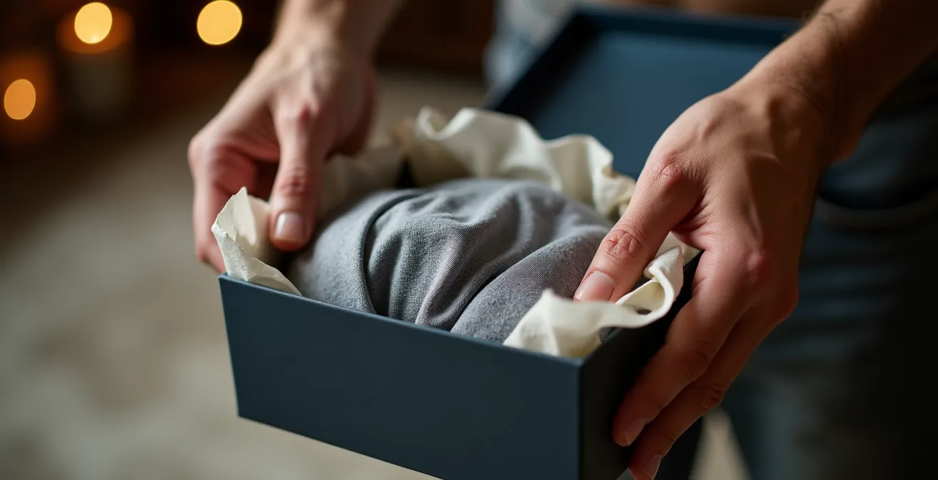 Hands opening an elegant gift box containing premium men's underwear