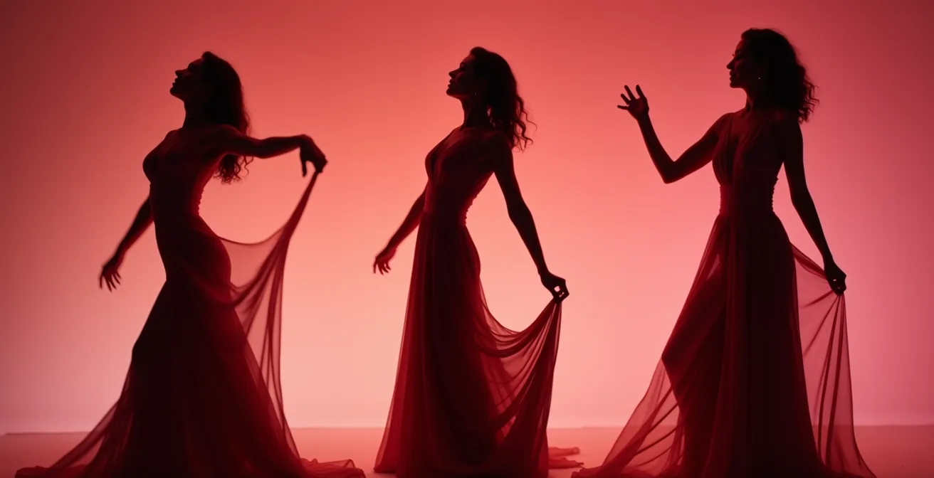 Elegant silhouettes demonstrating three essential movement tests for plunge dress security