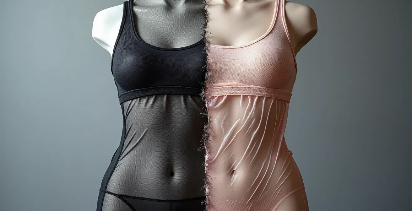 Split-screen comparison of premium and budget mesh underwear fabric after wear, showing the premium fabric retaining its shape and the budget one distorted.