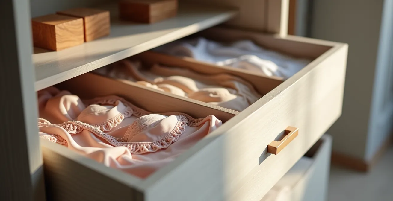 Environmental wide shot of properly organized lingerie storage