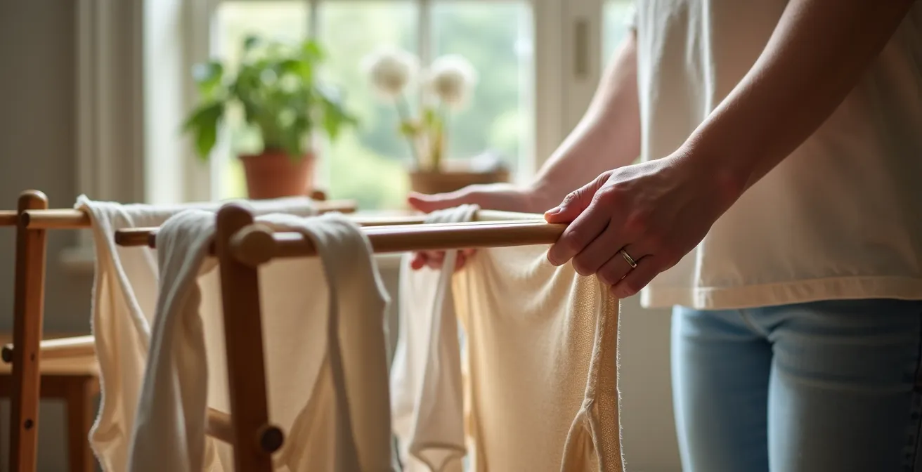 Organic cotton garments air drying on wooden rack in bright UK home interior