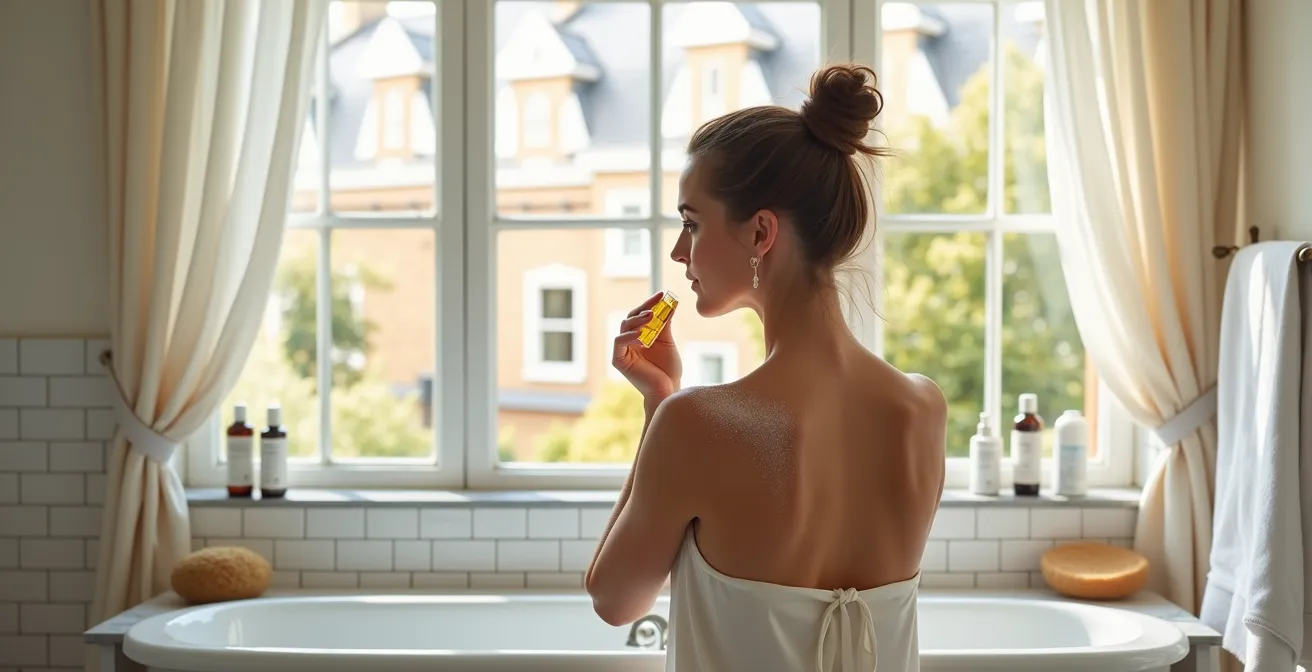 Woman applying body oil in bathroom setting with soft natural light highlighting skin glow