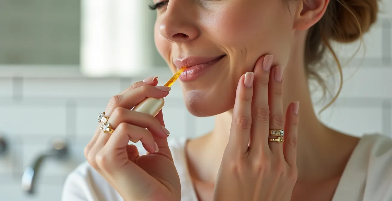 Close-up demonstration of retinol application technique on neck area