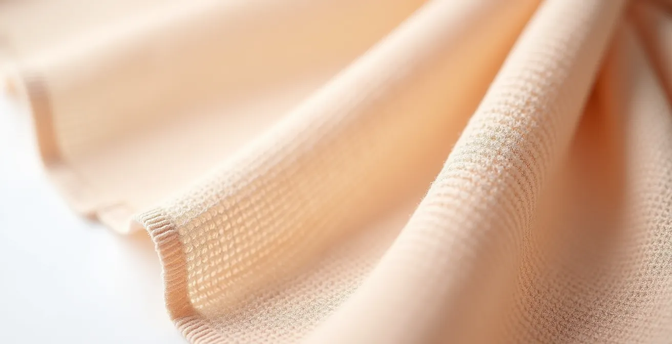 Macro detail of seamless knitted fabric edge showing graduated compression