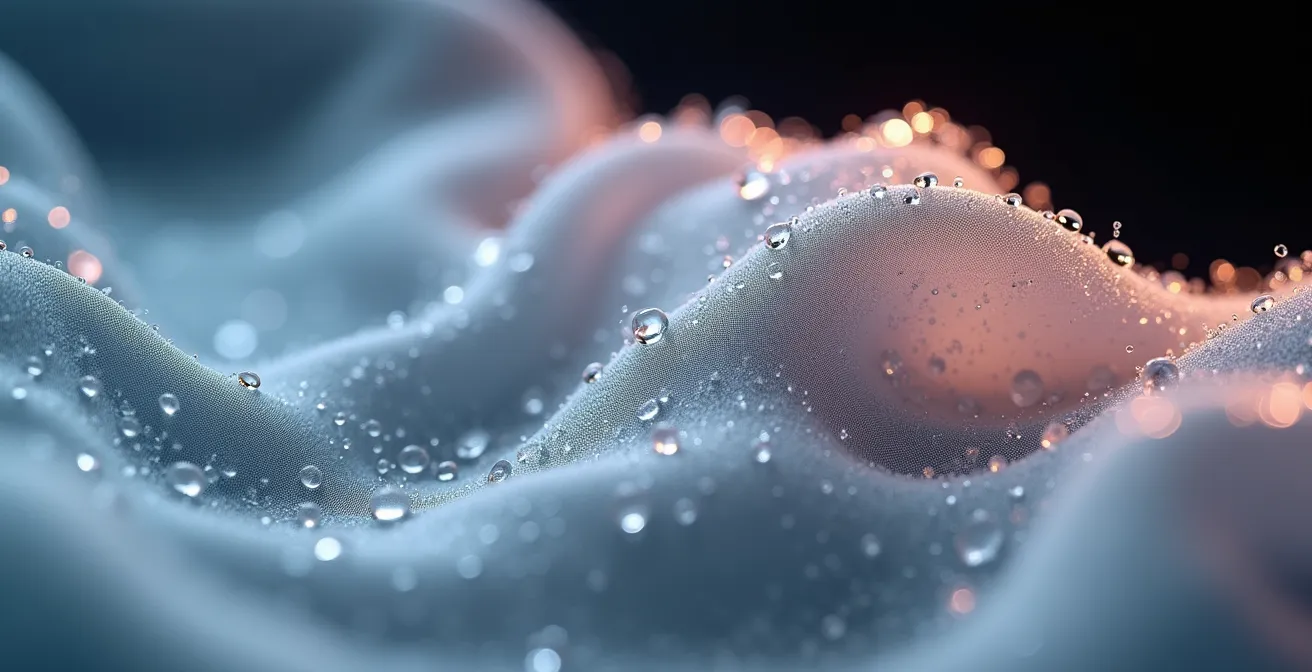 Extreme close-up of silk fabric fibres showing moisture absorption properties