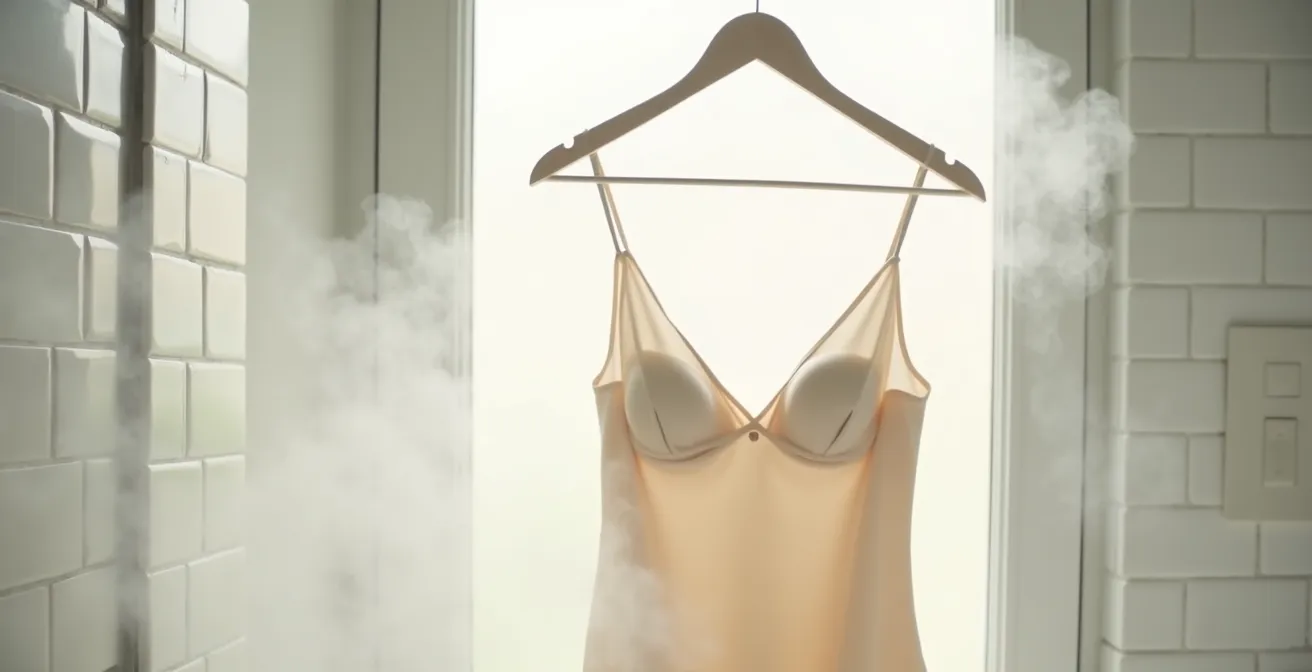 Steam rising near hanging silk garment in bathroom