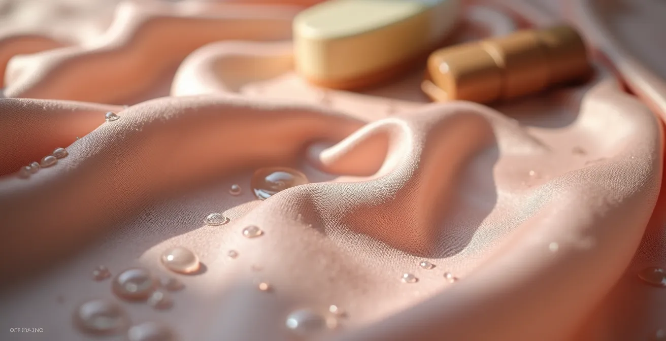 Extreme close-up of silk fabric texture with water droplets showing moisture-wicking properties