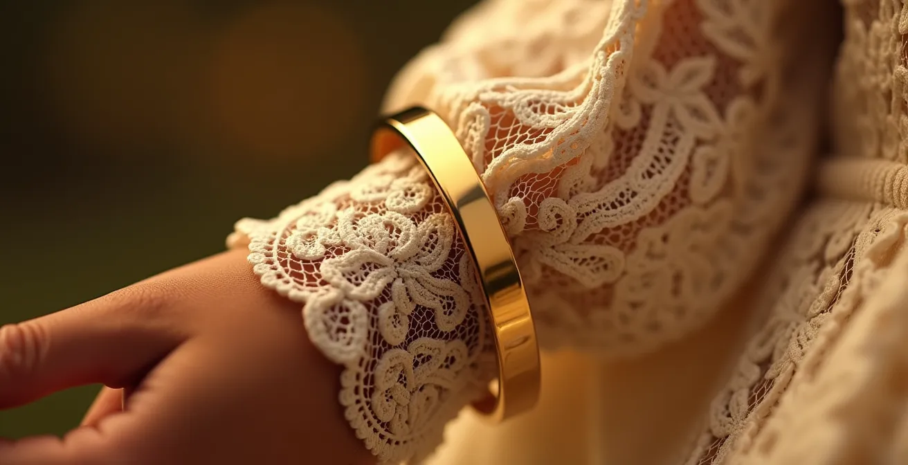 Close-up of smooth gold cuff bracelet worn over delicate lace sleeve