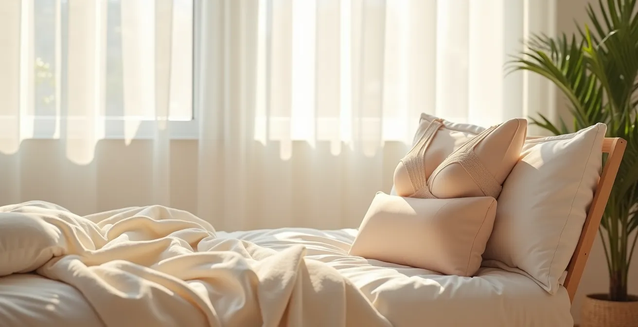 Gentle, supportive lingerie pieces arranged to show comfort and recovery focus