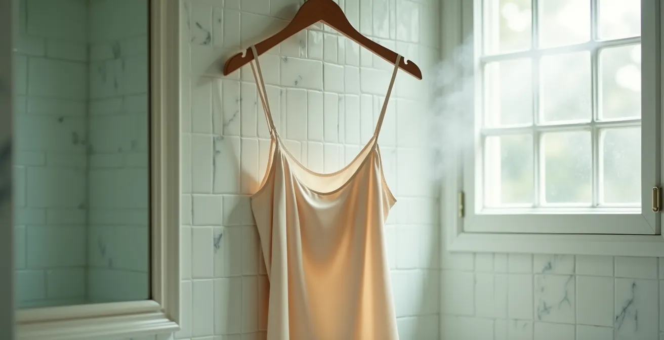 Silk garment being steamed in a steamy, minimalist British bathroom environment to remove creases.