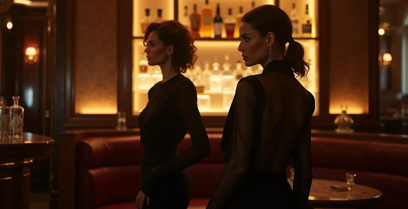 Sophisticated layering technique with sheer panels for mature elegance