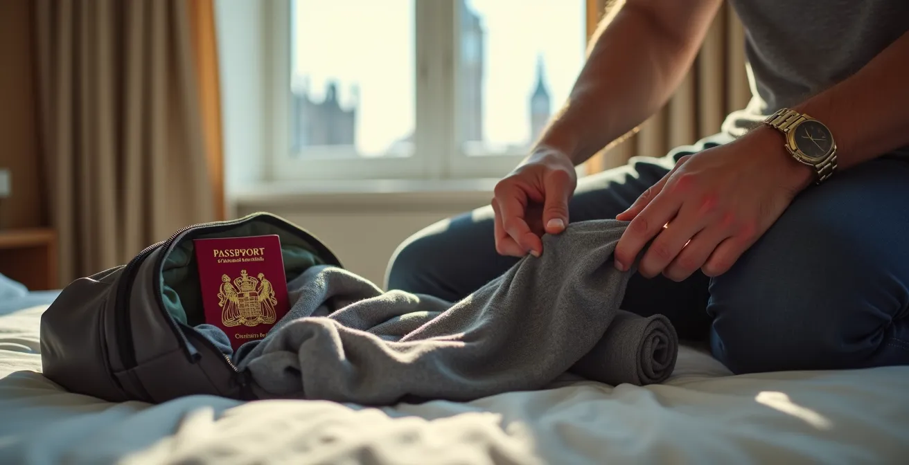 Compact travel packing setup showing mesh underwear efficiency for UK travellers