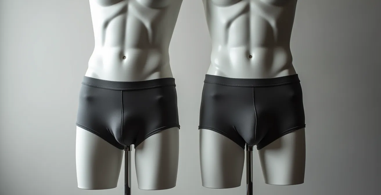 Side-by-side comparison of trunk and boxer brief styles on athletic mannequins to show the difference in leg length.