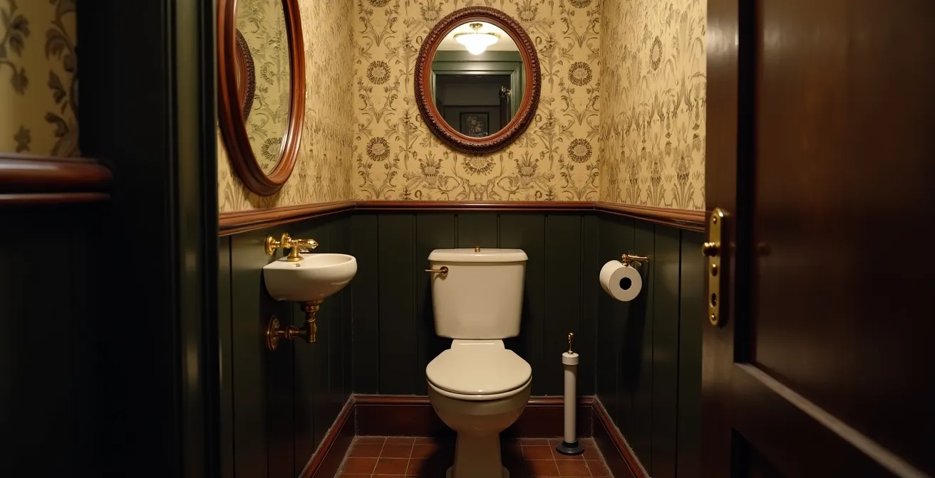 Elegant vintage UK pub powder room with ornate mirror and minimal space